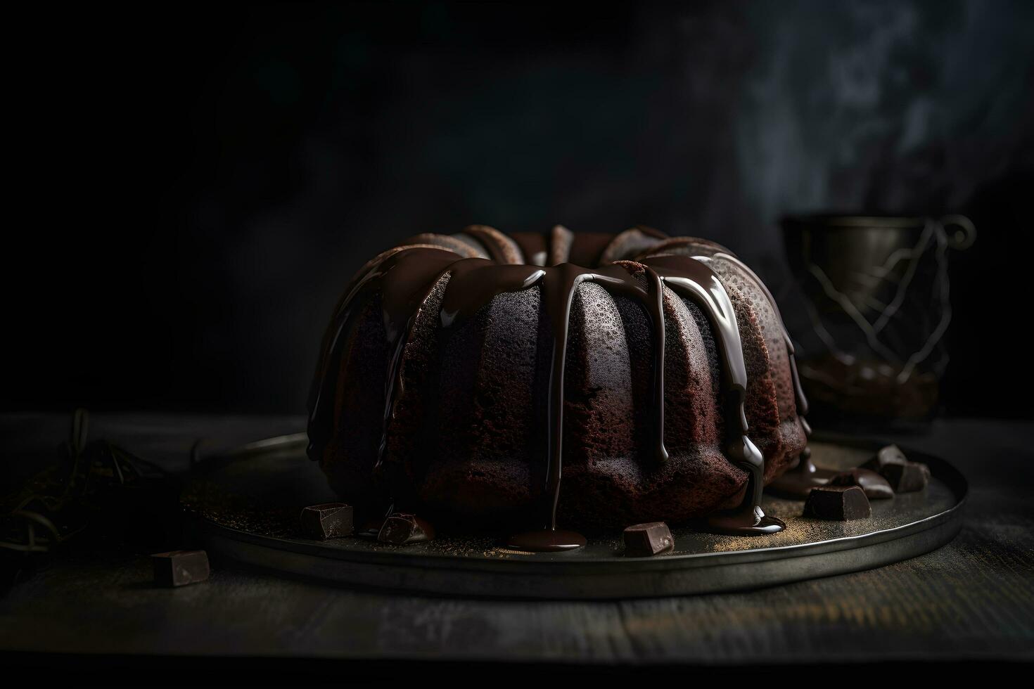 Delicious chocolate bundt cake topped dessert with ganache glaze on dark background. Ai generated. photo