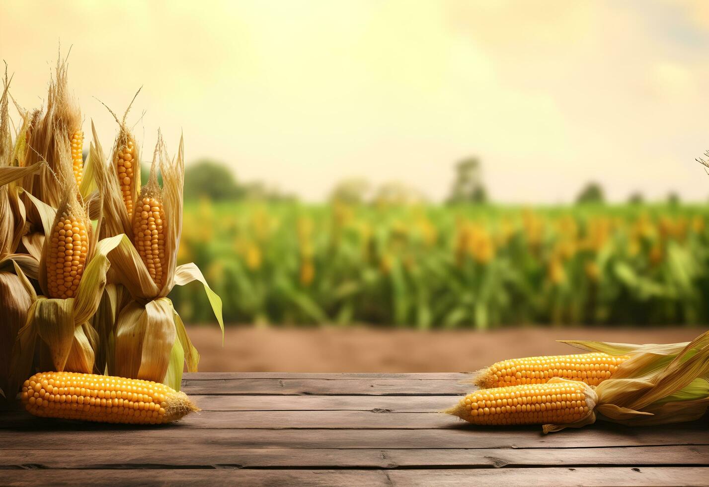 Wooden table with corn on cobs and free space on nature blurred background. Generated AI. photo