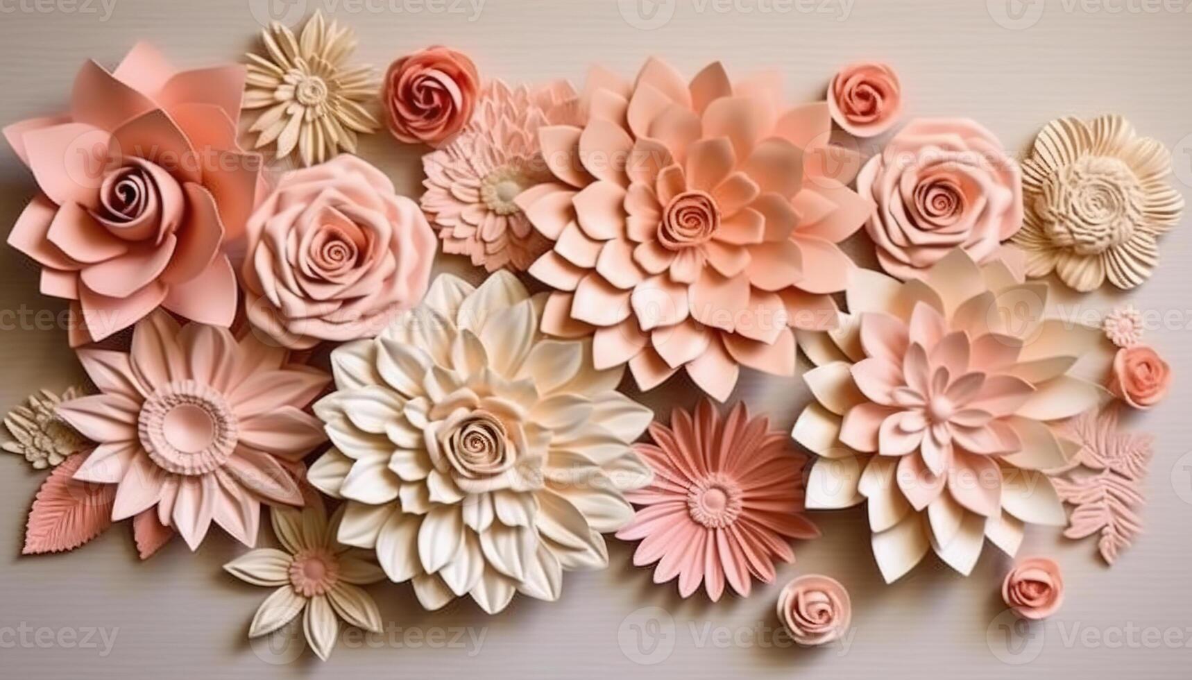 Pink and Rosegold 3D flower papercut wallpaper, Classic home decoration, 3D paper cut background, photo