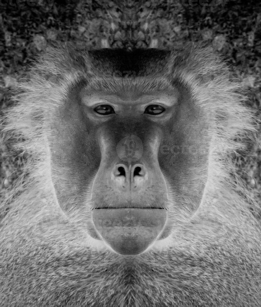 A beautiful black and white portrait of a monkey at close range that looks at the camera, baboon. photo