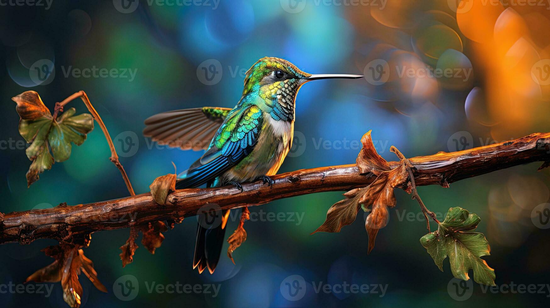 Hummingbird perched on a tree branch, generated by AI photo