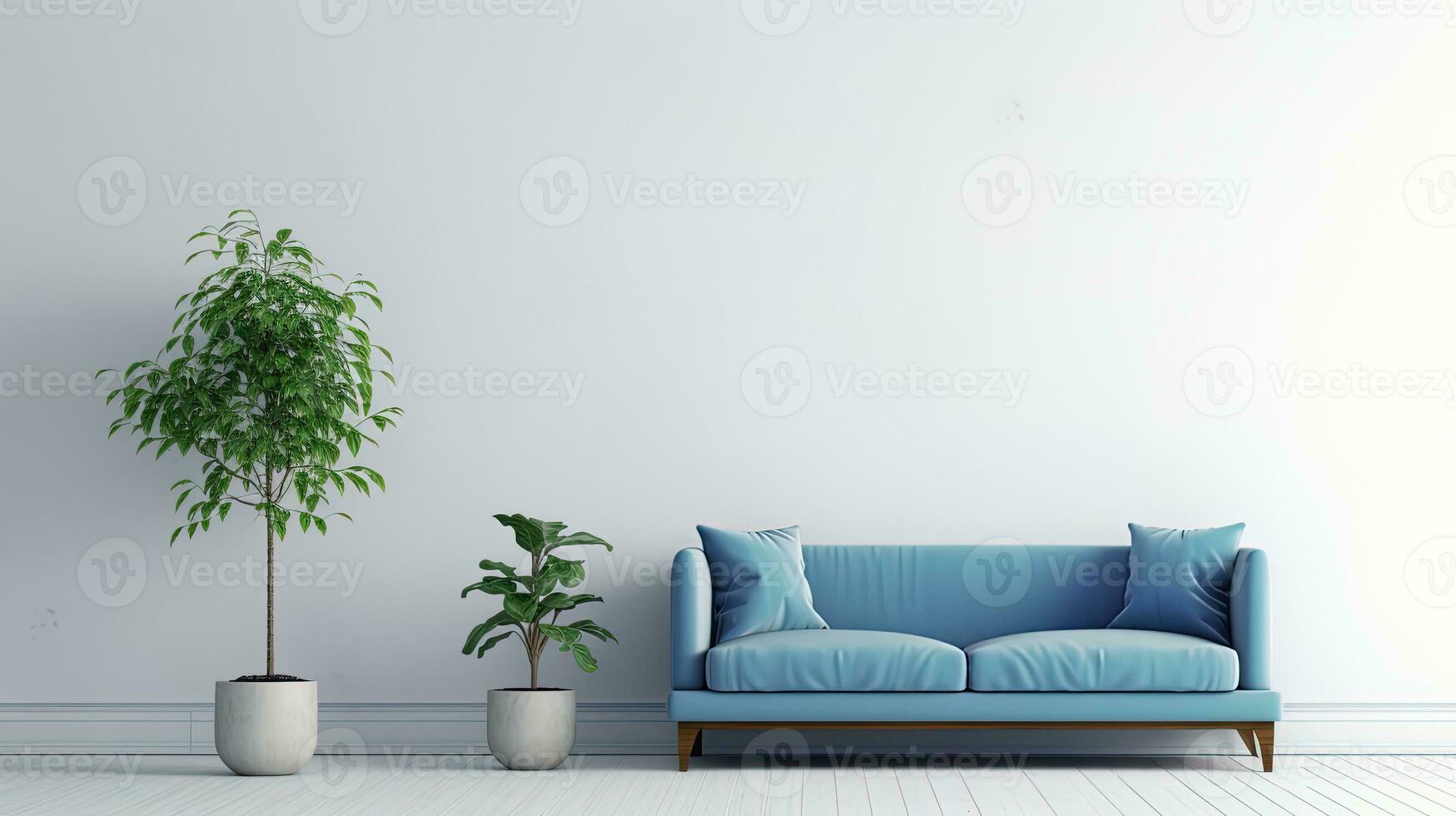 Living room with a blue sofa, plant, and table, generated by AI photo