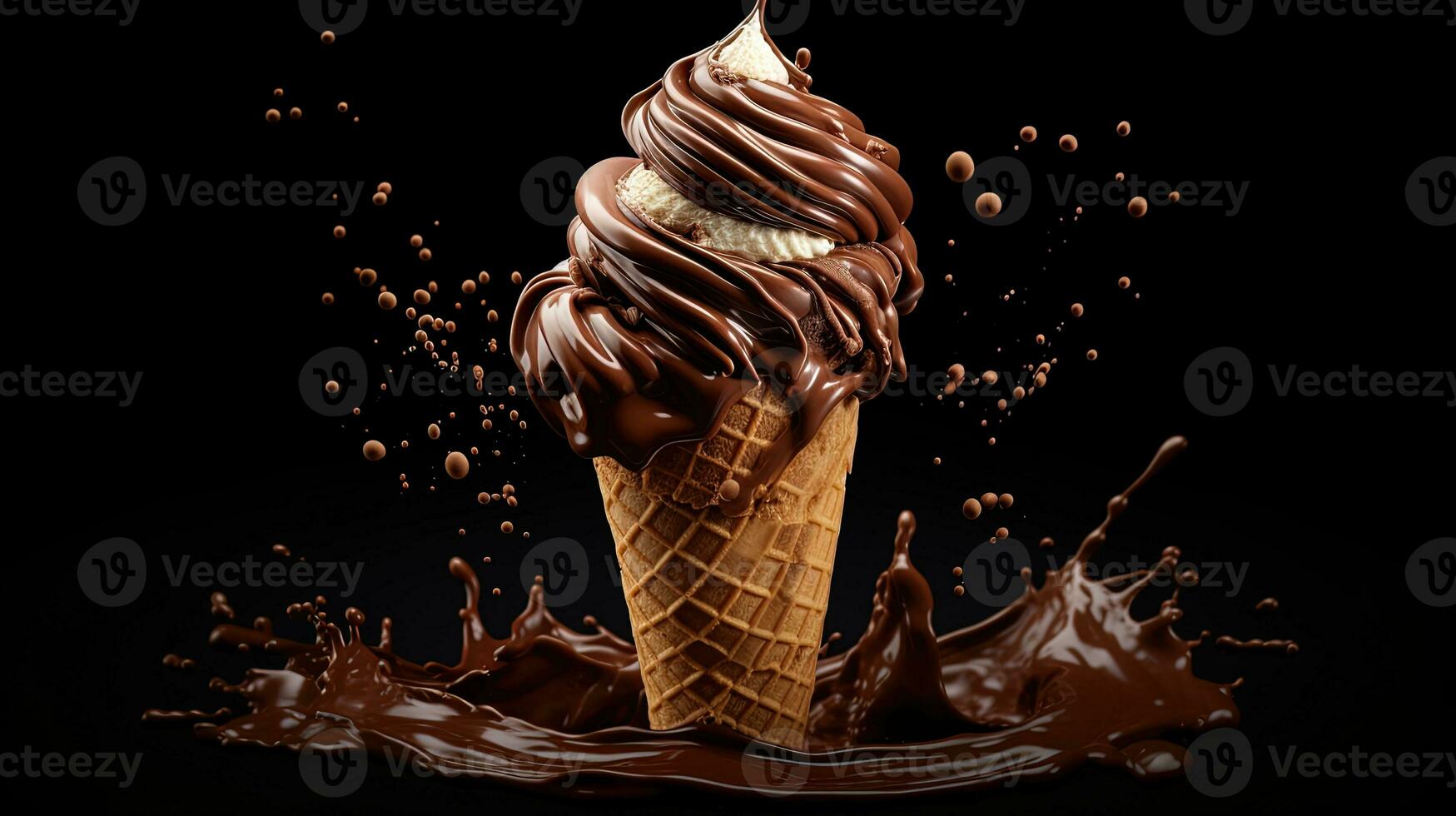 Ice cream chocolate with cone and swirl splash, generated by AI photo