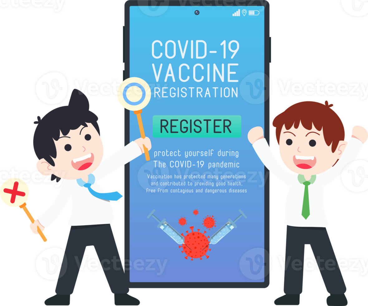 Business man and Colleagues Show Mobile Phone about Covid Coronavirus Vaccine Registration png
