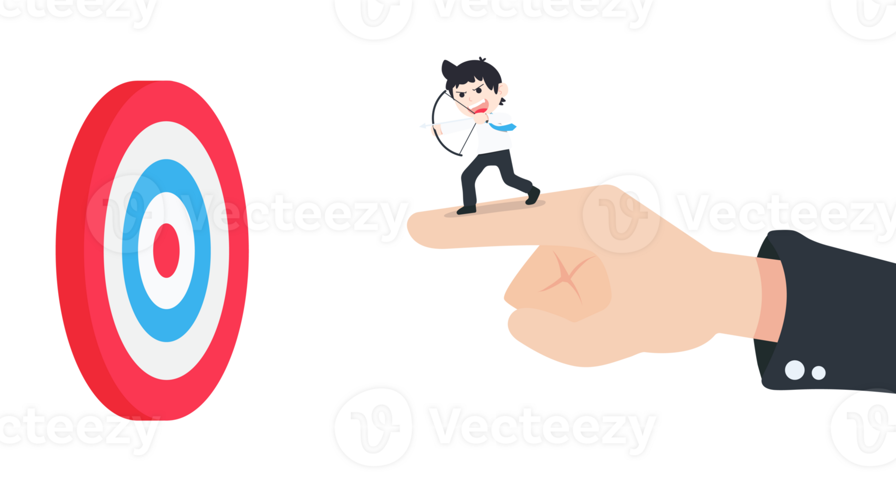 SD Business Man Stand and holding a bow on the giant hand pointing to the target png