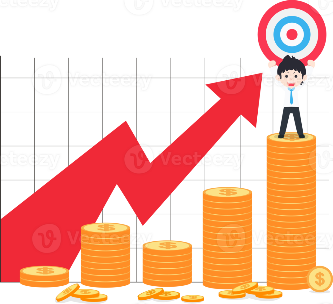 SD Business Man Stand holding the target on the bar chart of coins