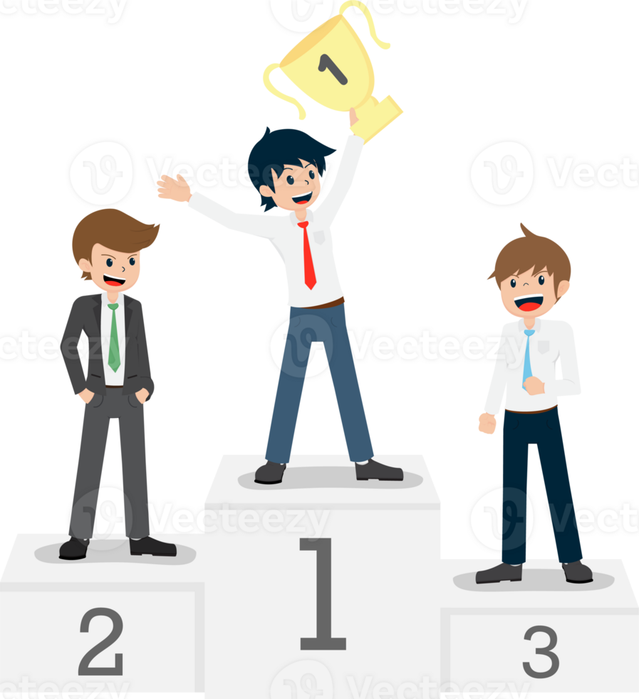 Gehalt Mann Stand und halt Trophäe auf das Gewinner Podium png