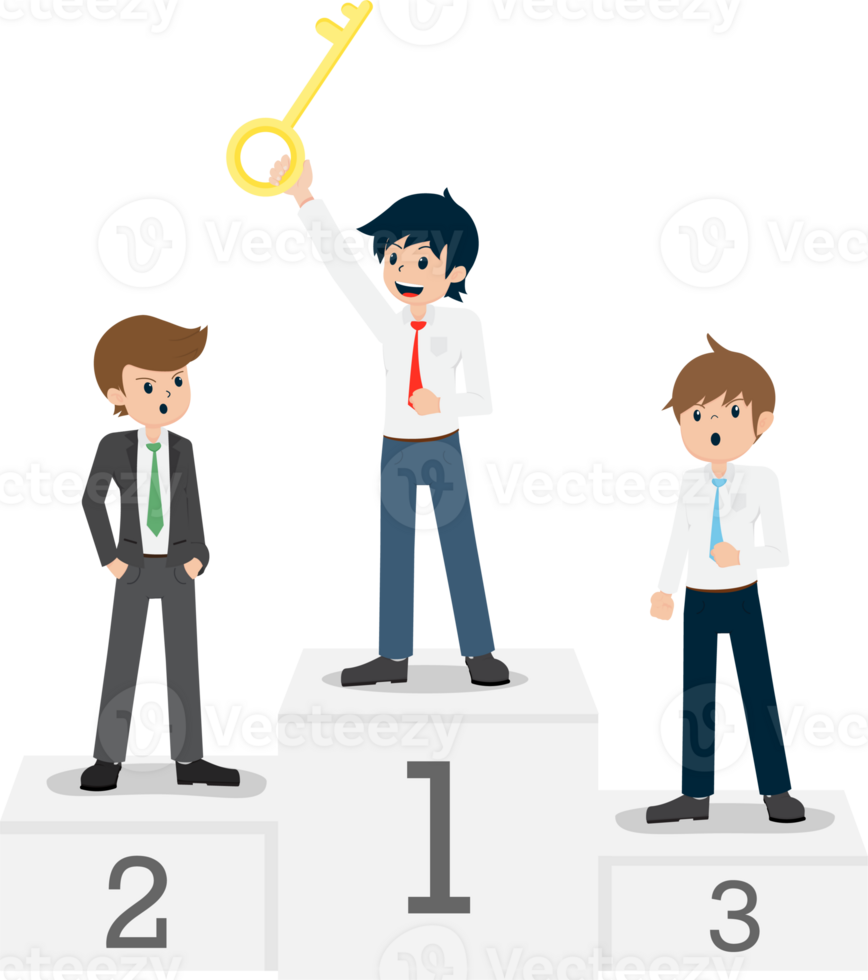 stipendio uomo In piedi e hold un' chiave su il vincitore podio 2 png