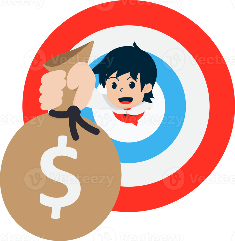 Salary man Standing on the target and raising the bag of money png