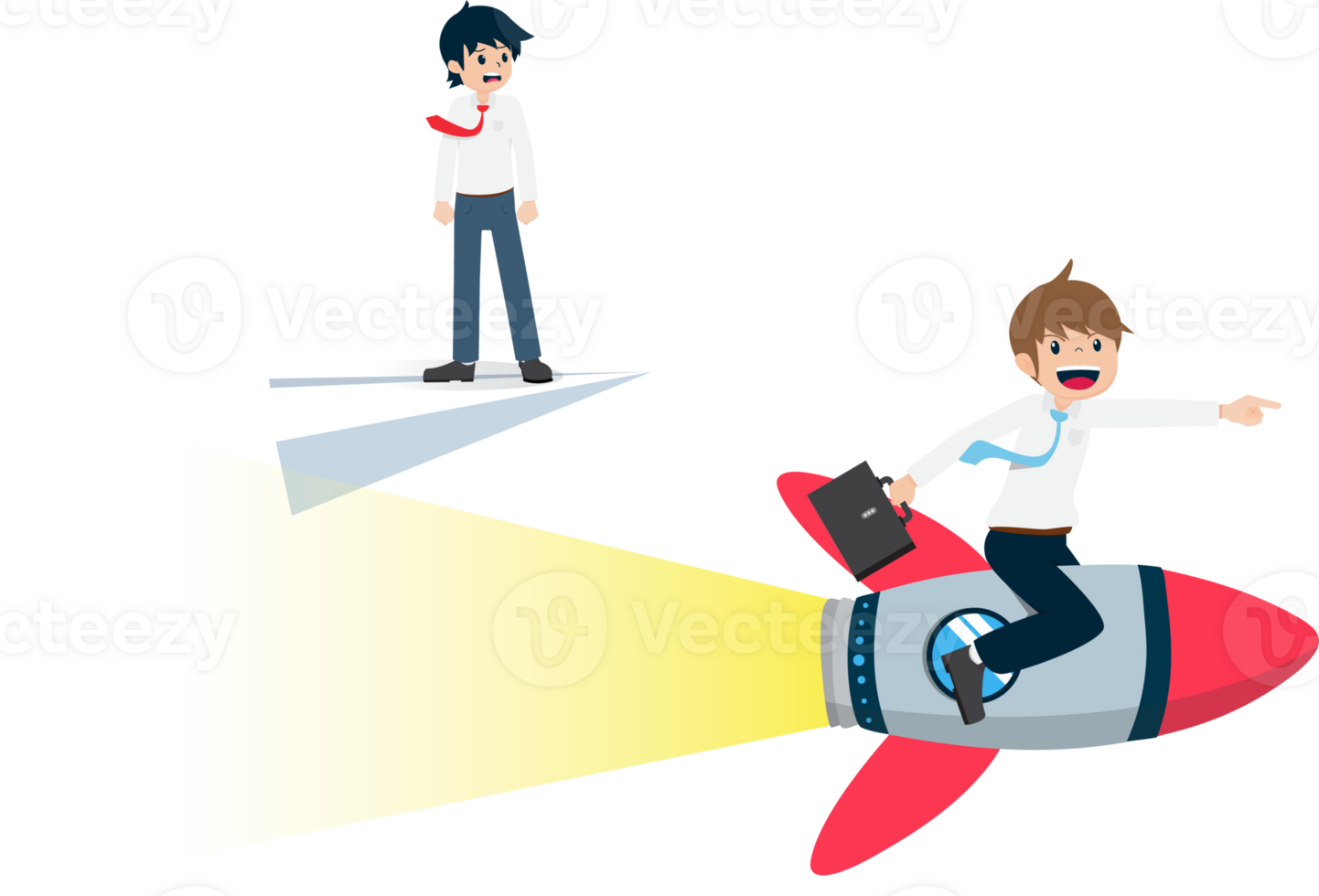 Salary man stands on a paper plane is overtaken by competitor sitting on the Rocket png