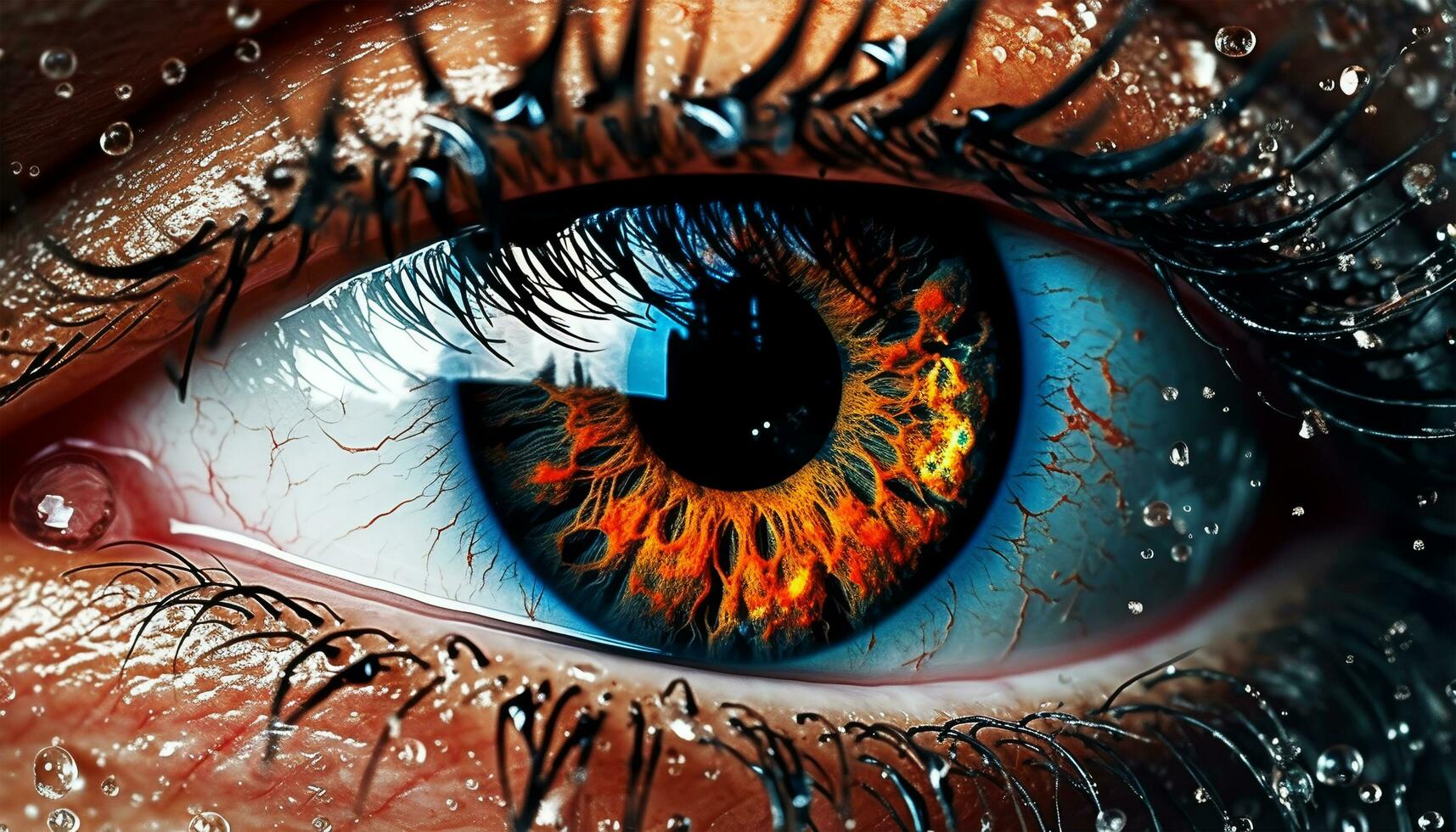 Zoom portrait of human eye. realistic close up beautiful eyeball stare with water splash. generative AI. photo