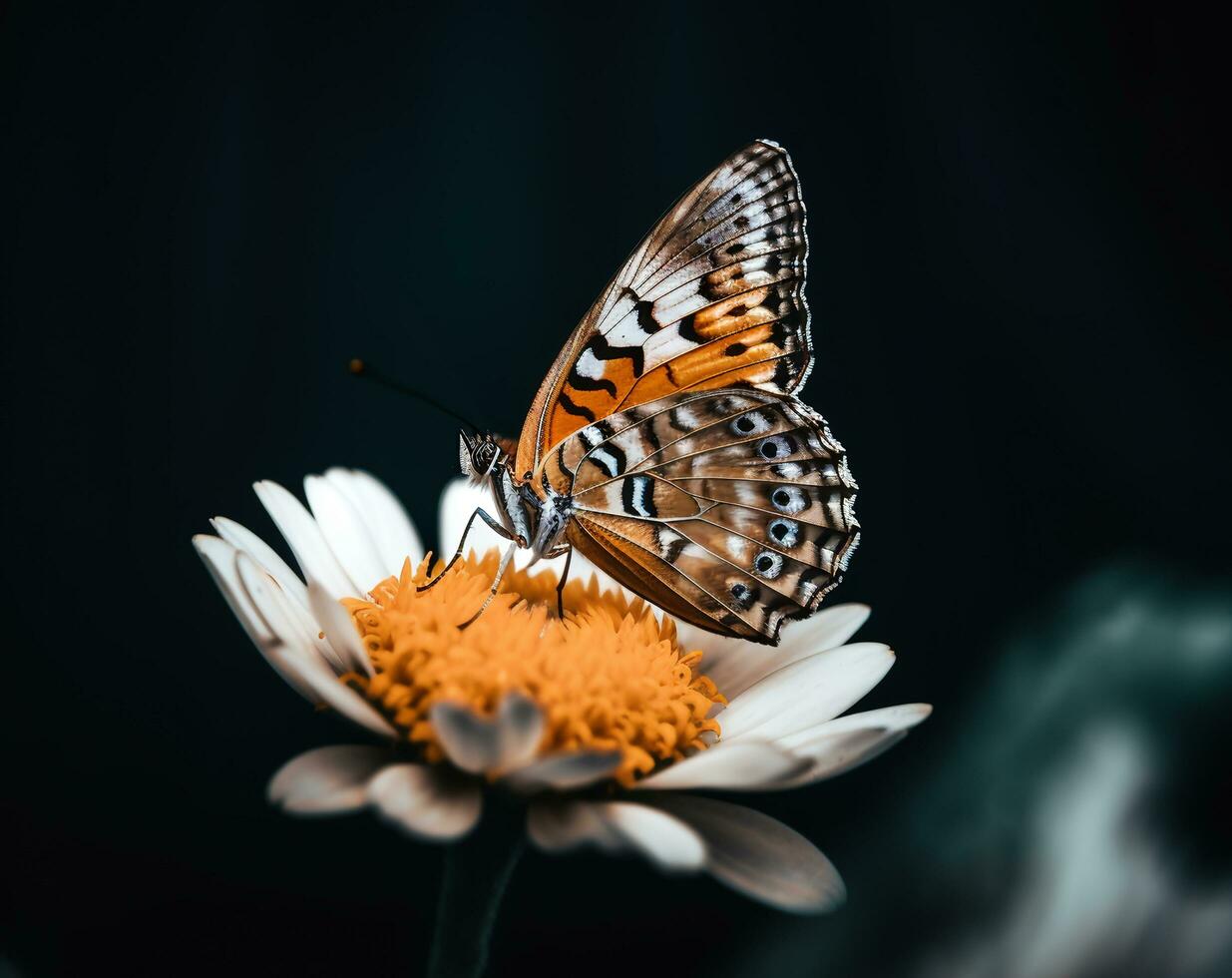 cerca arriba detalle de mariposa encaramado en flor pétalos hermosa retrato de mariposa, generativo ai foto