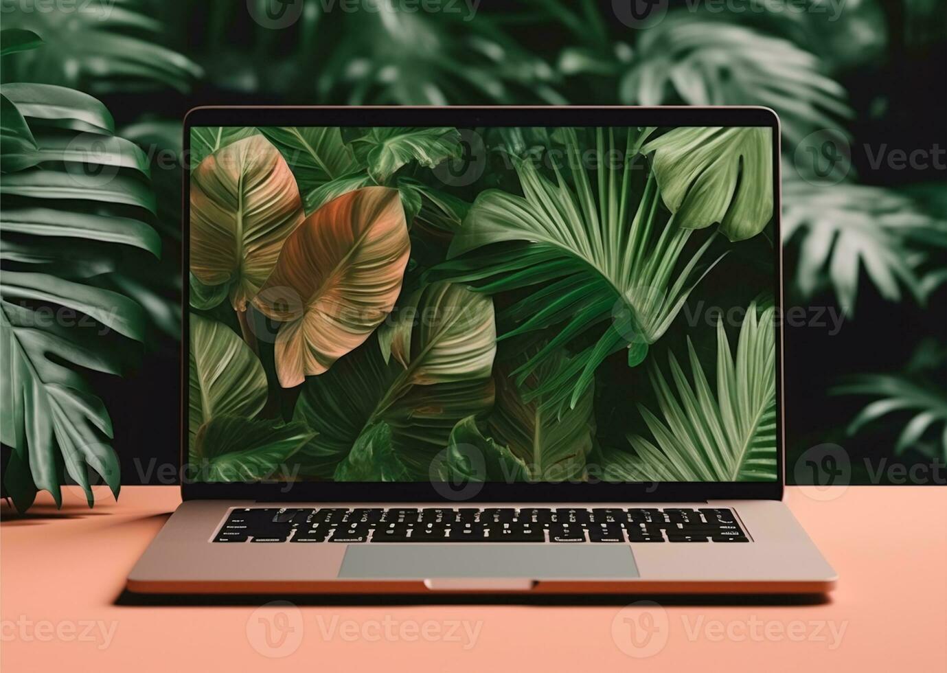 laptop mockup template with display screen with nature wallpaper, generative ai photo