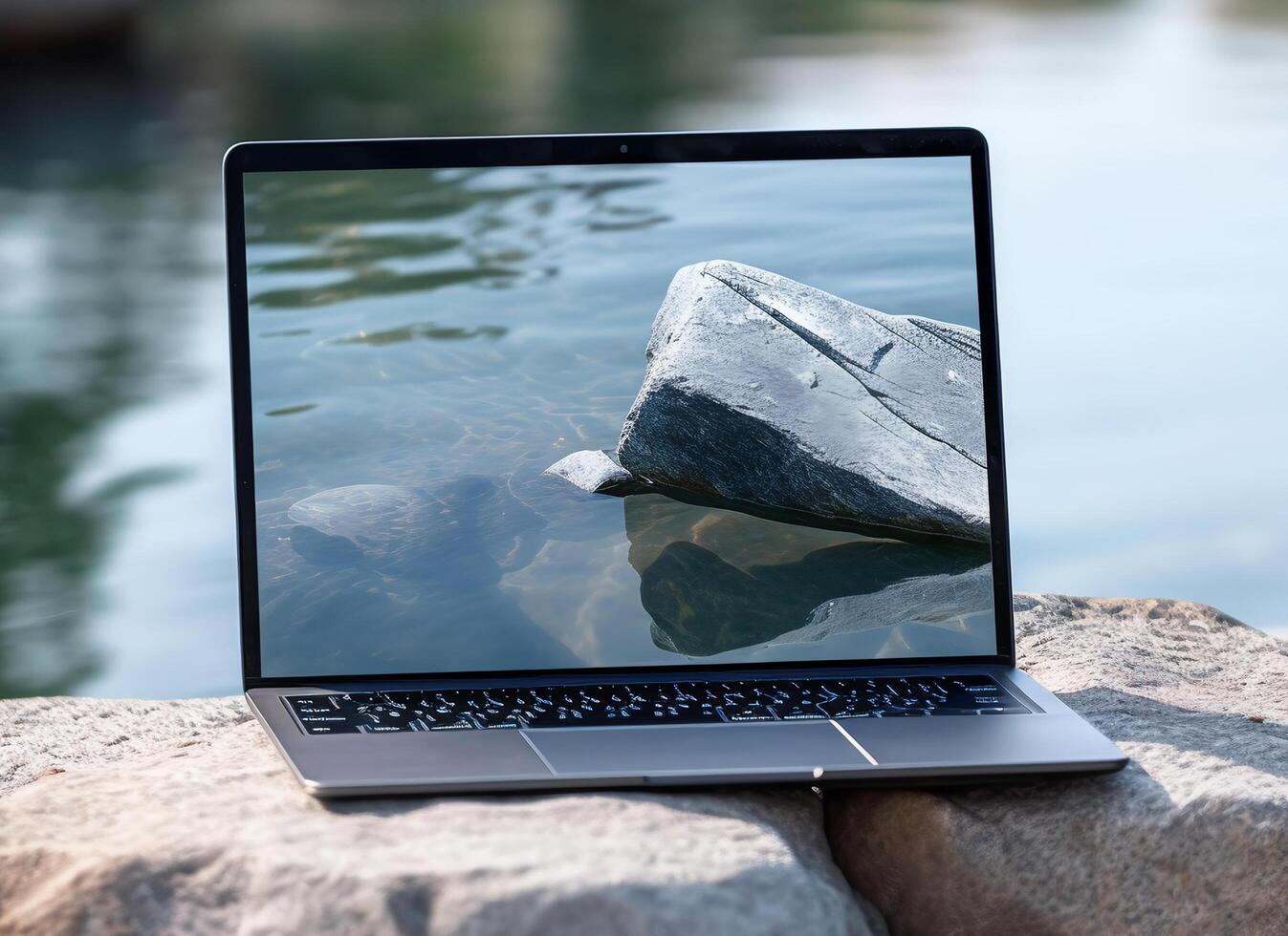 laptop mockup template with display screen with nature wallpaper, generative ai photo