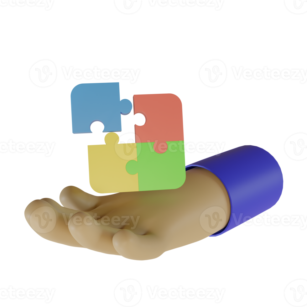3d render of hand and jigsaw icon. concept for problem solving teamwork. puzzle sign png