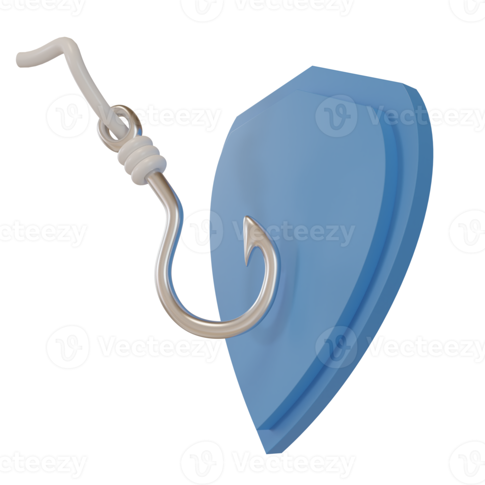 3d rendering hook and shield icon. phishing protection illustration concept for app, web and email png