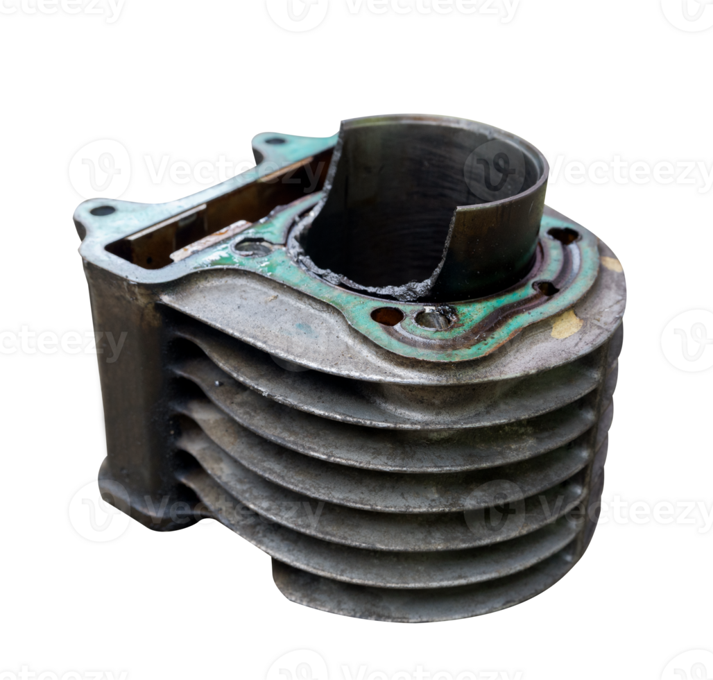 damaged motorcycle piston cylinder block due to incorrect installation of the piston head and late oil change png