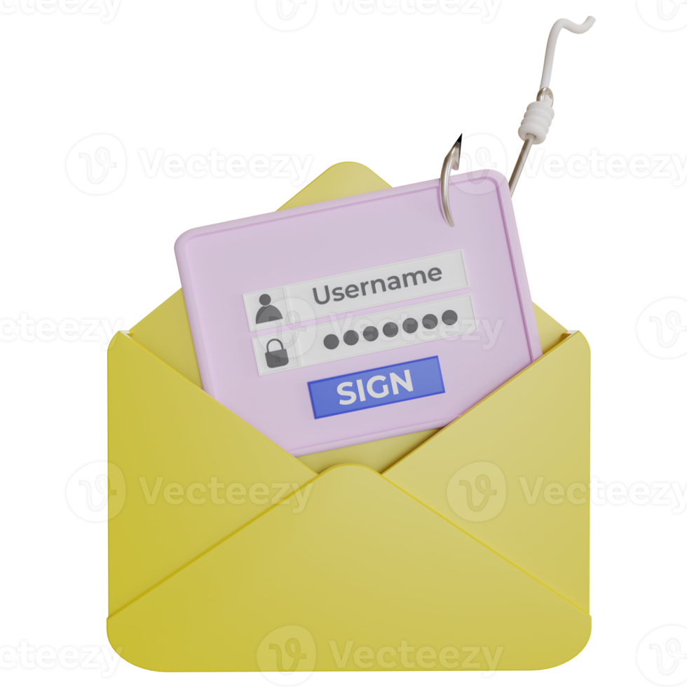 3d icon of envelope, login board and hook. Login into account concept in email envelope and fishing hook. Internet phishing, hacked logins and passwords. Network and internet security. png