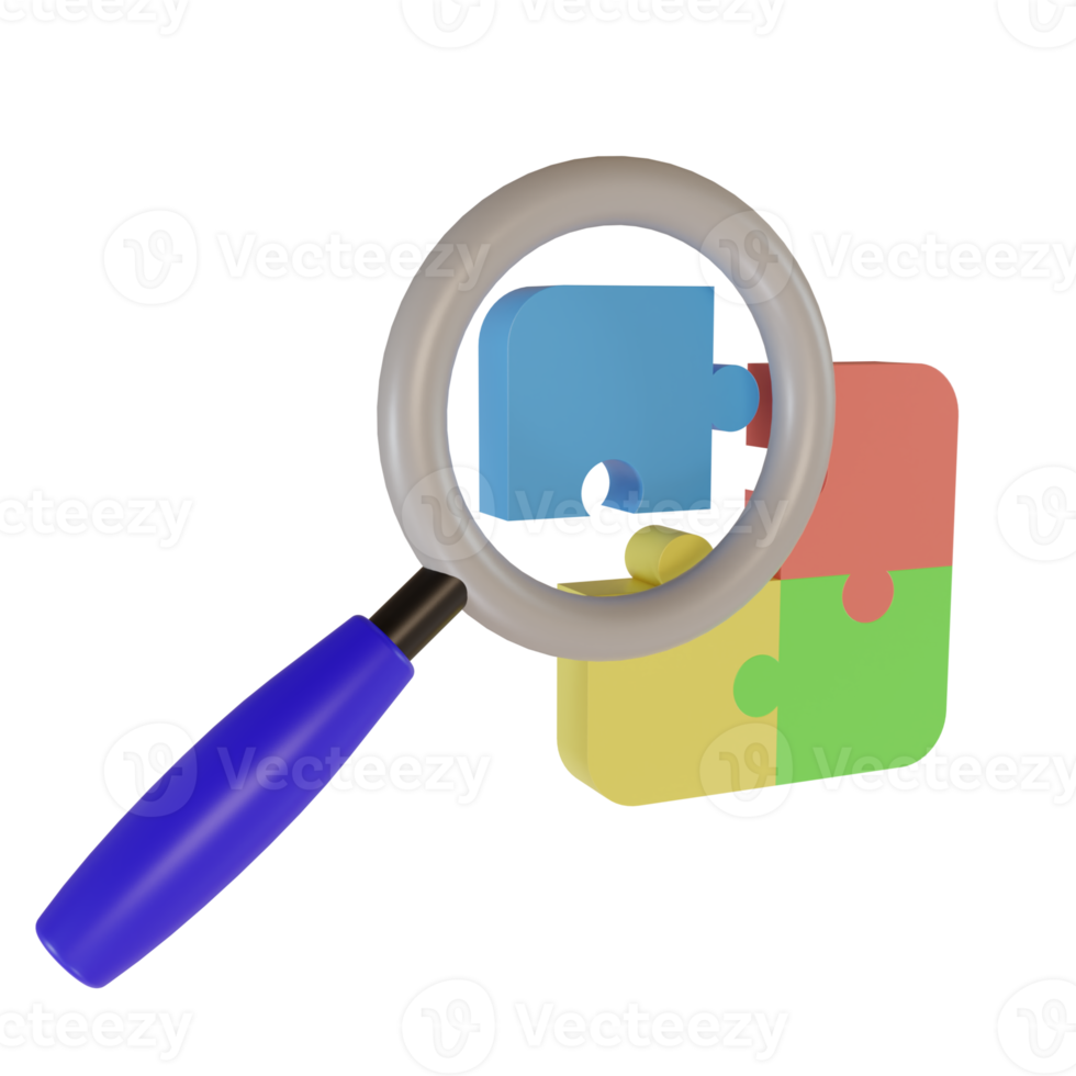3d render magnifying glass and jigsaw icon. the concept of finding solutions to problems with the team png