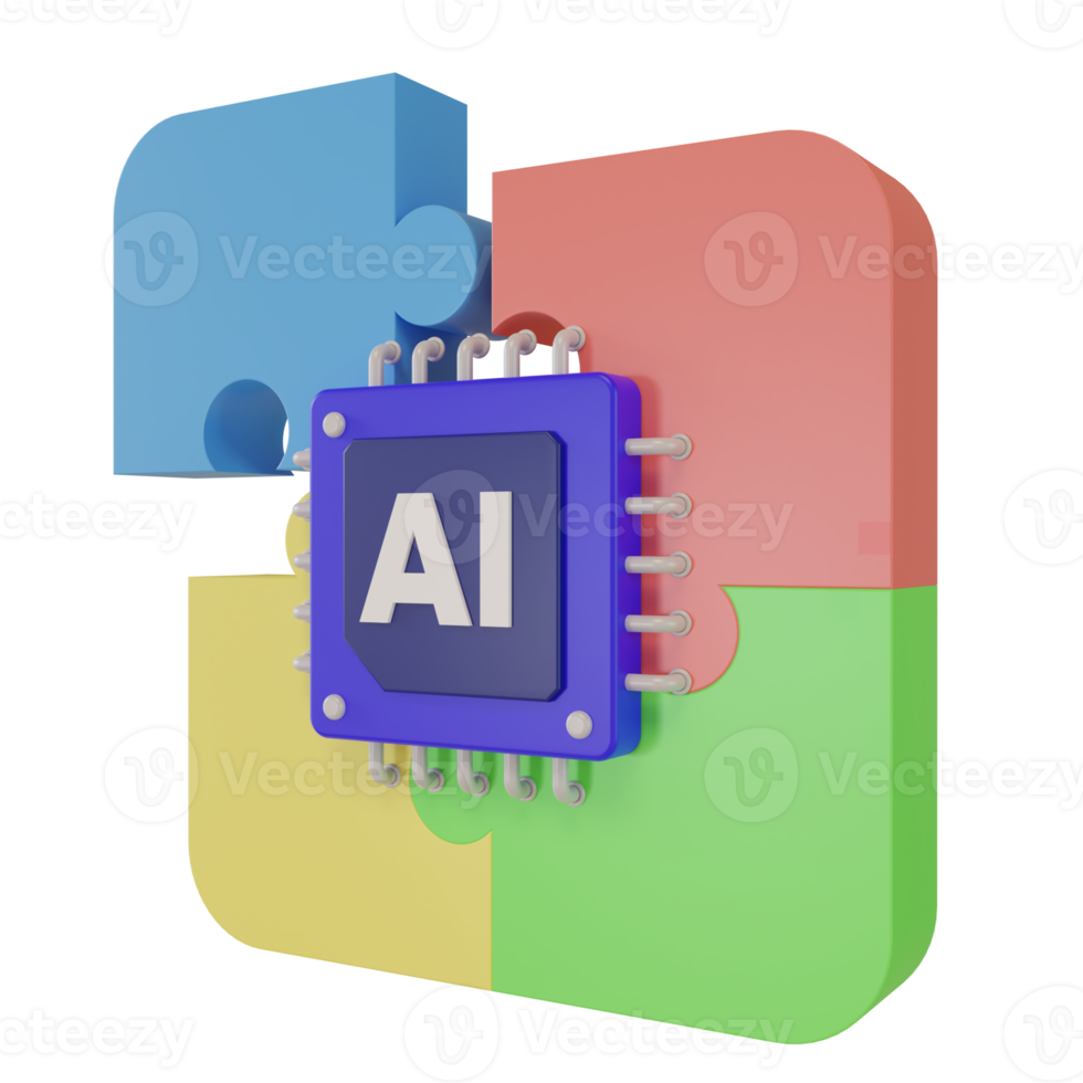 3d render AI artificial intelligence chip icon and icon Jigsaw puzzle illustration for website, application, printing, document, poster design. the concept of solving a problem using AI png