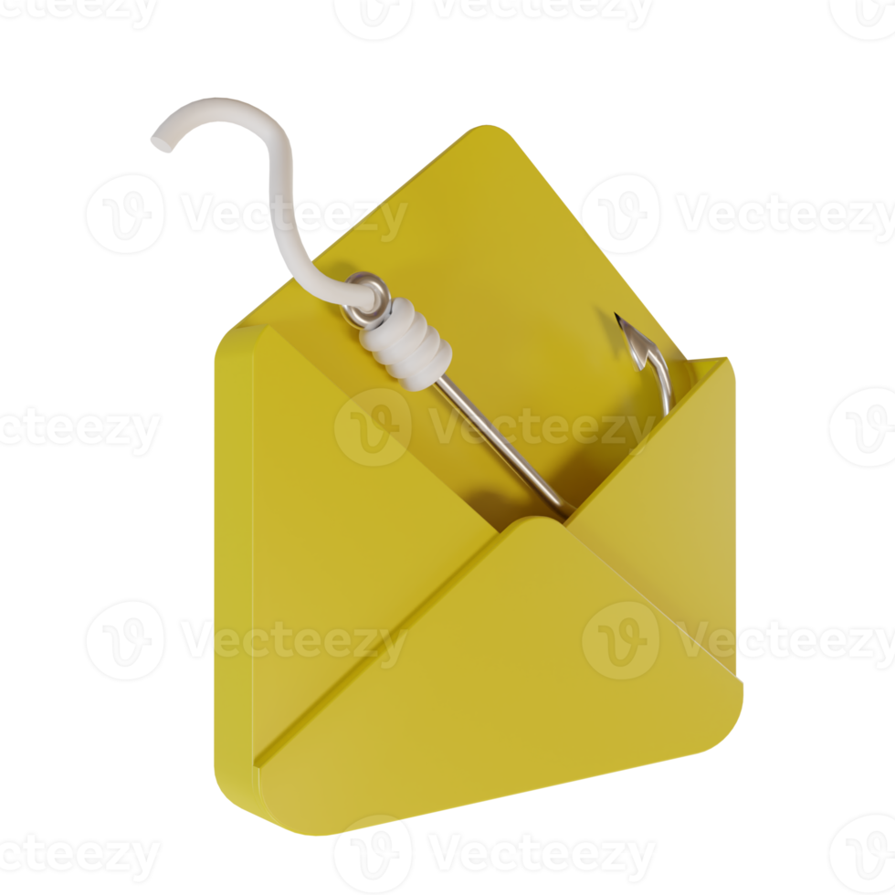 3d render of envelope and fishing hook icon. concept photo for illustration of phishing email or message png