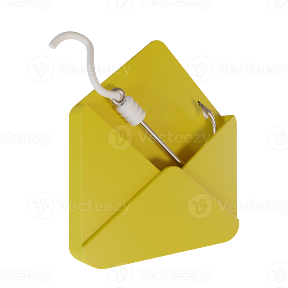 3d hacer de sobre y pescar gancho icono. concepto foto para ilustración de suplantación de identidad correo electrónico o mensaje png