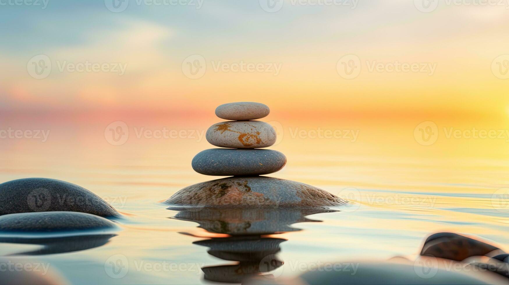 Balanced Zen stones on the beach, generated by AI photo