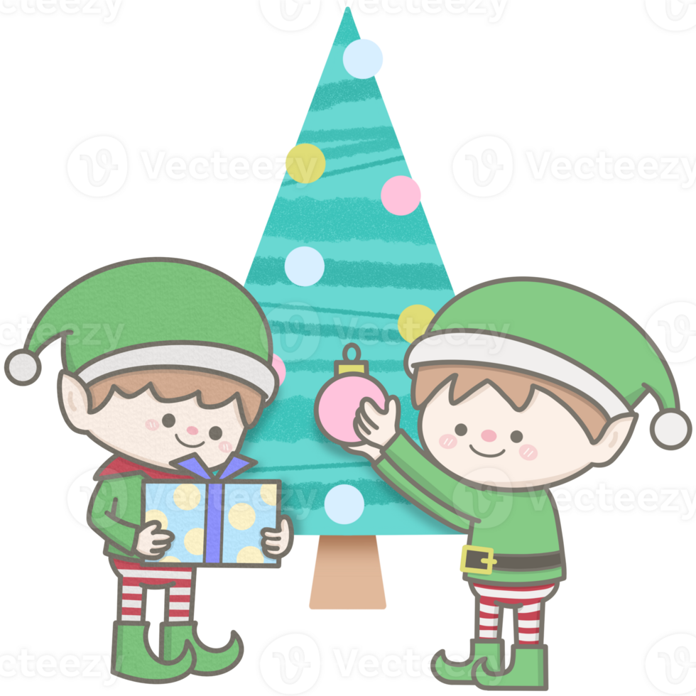 Little elves decorating Christmas tree png