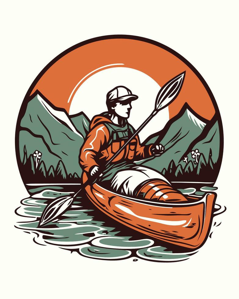 a man in a canoe paddling through the water vector