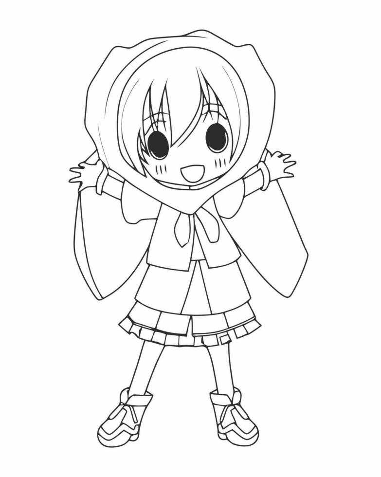 un anime niña en un capucha colorante página vector