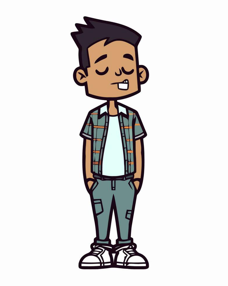 cartoon boy with eyes closed standing with hands on hips vector