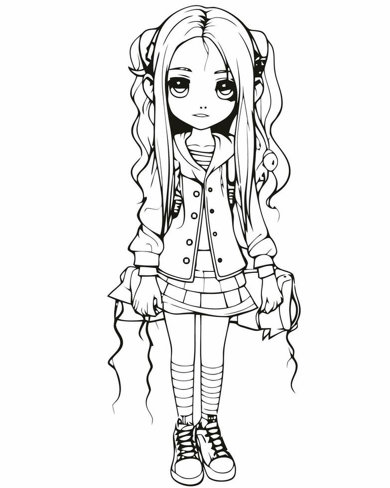 a girl with long hair and a jacket is standing in the coloring page vector