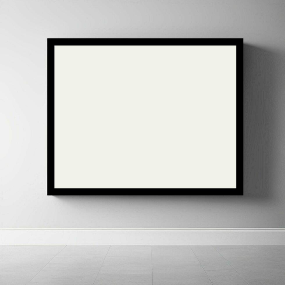 Landscape side Empty Frame Mockup in Living Room, Wall Decor Blank Frame in Modern Living Room, Minimalist Design, Gallery Wall empty frame brick background photo