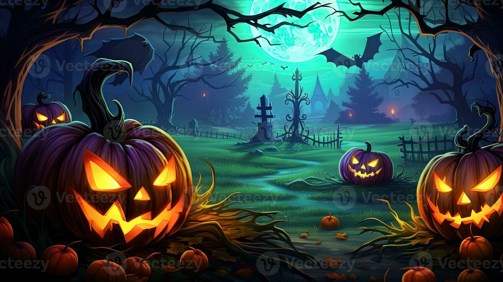 Halloween background with pumpkins at night, generated by AI photo