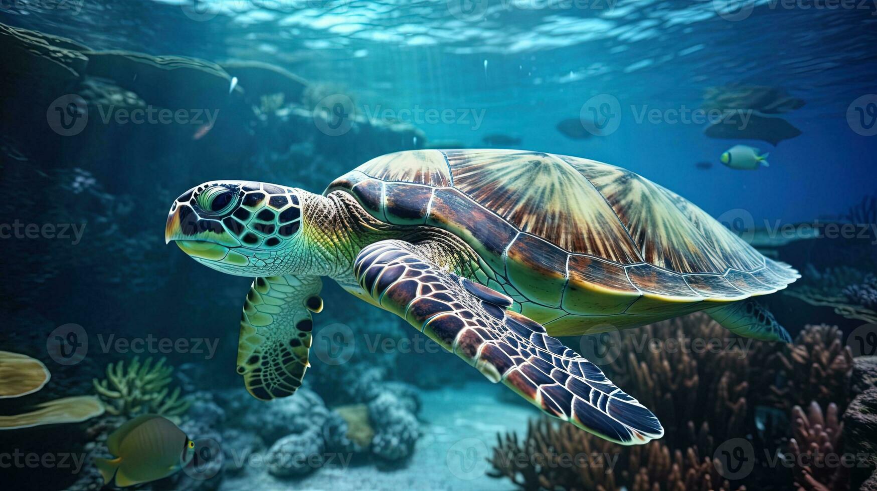 Photo of a beautiful close-up shot of a large turtle swimming, generated by AI