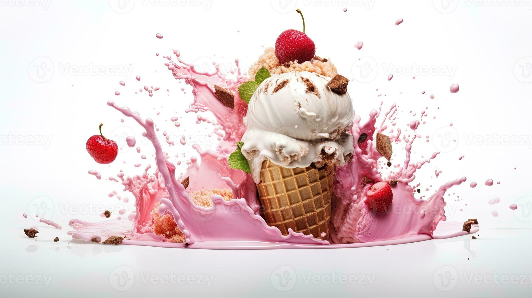 Ice cream with cone and swirl splash, generated by AI photo