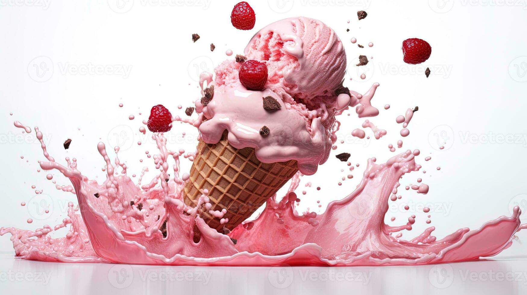 Ice cream with cone and swirl splash, generated by AI photo