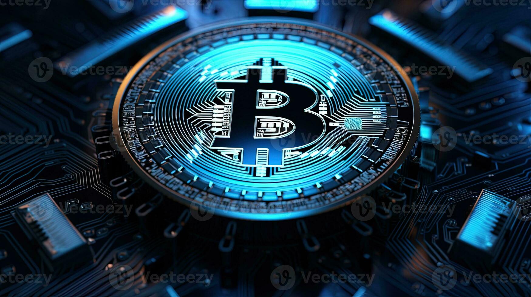 Cryptocurrency Bitcoin with a blue background in the center, generated by AI photo