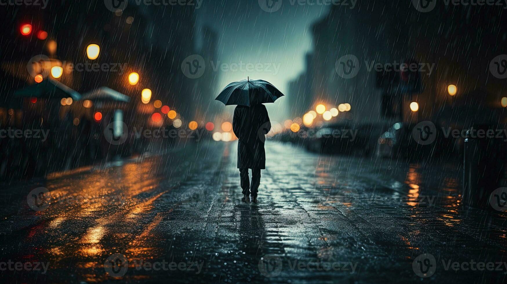 A photo of a man with an umbrella in the middle of heavy rain, generated by AI