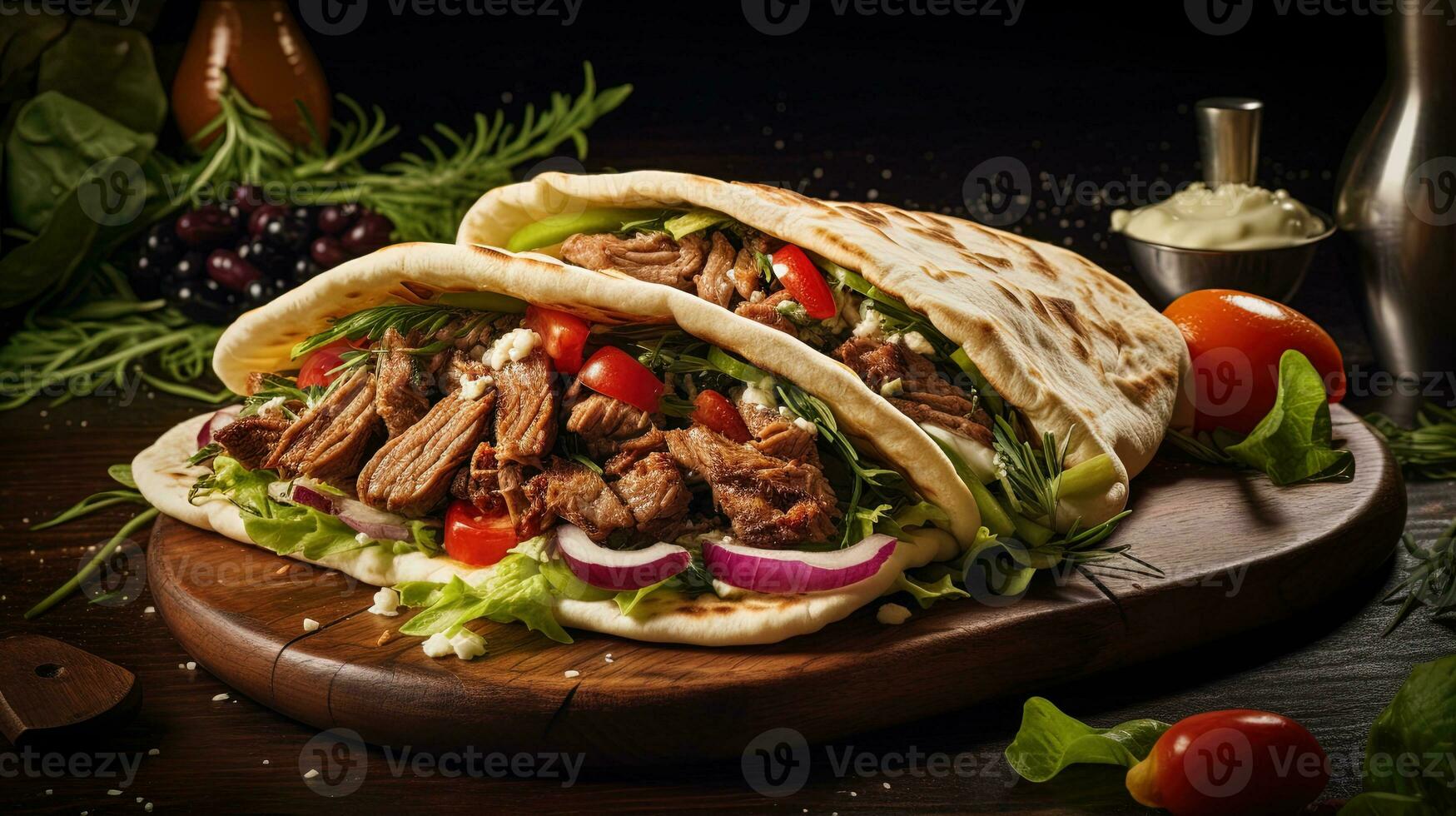 Photo of Greek gyros wrapped in pita bread with vegetables and sauce on a dark wooden background, generated by AI