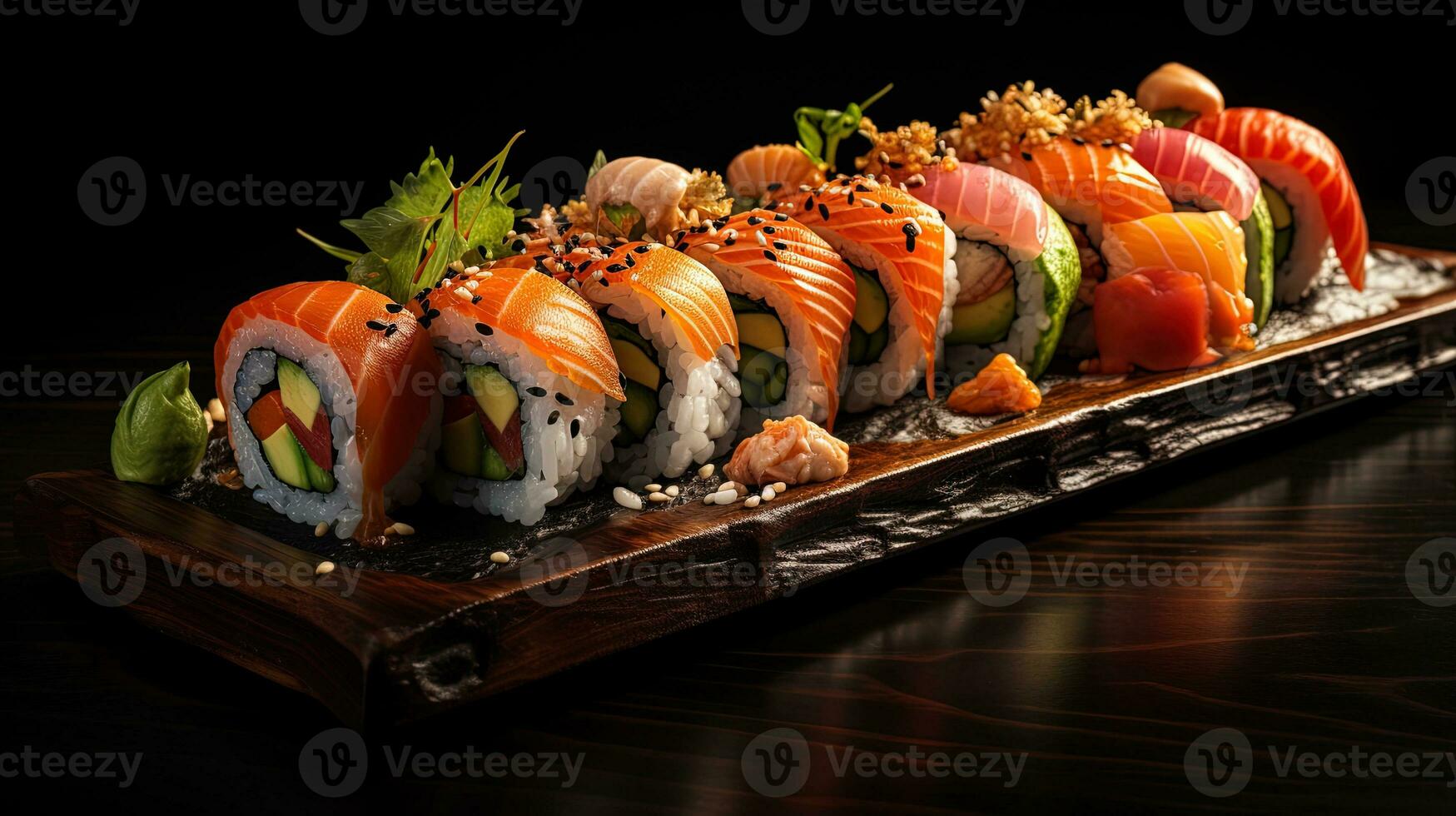 Salmon sushi on a table with a modern concept, generated by AI photo