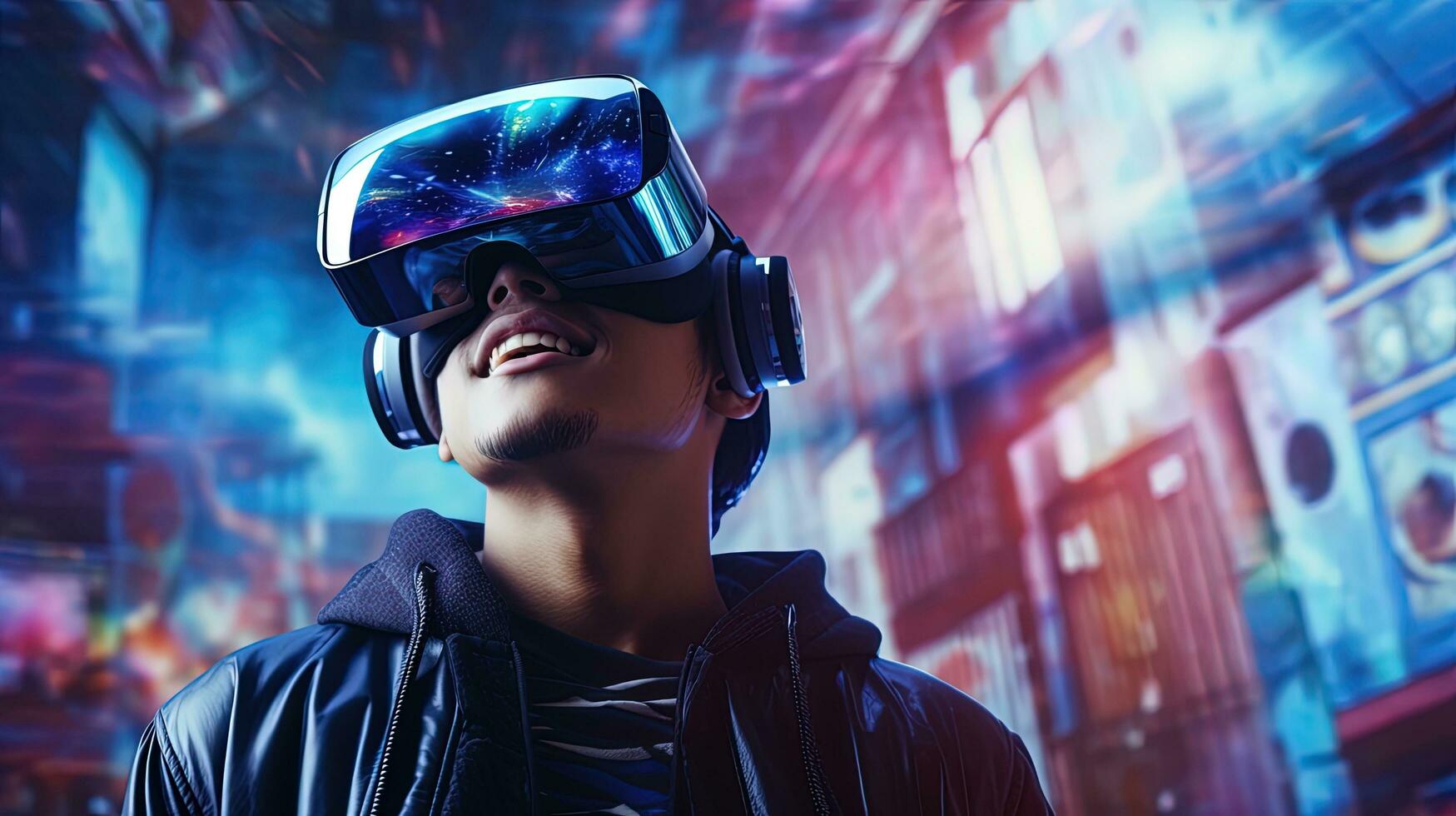 A man wearing VR with a blue technology background, generated by AI photo