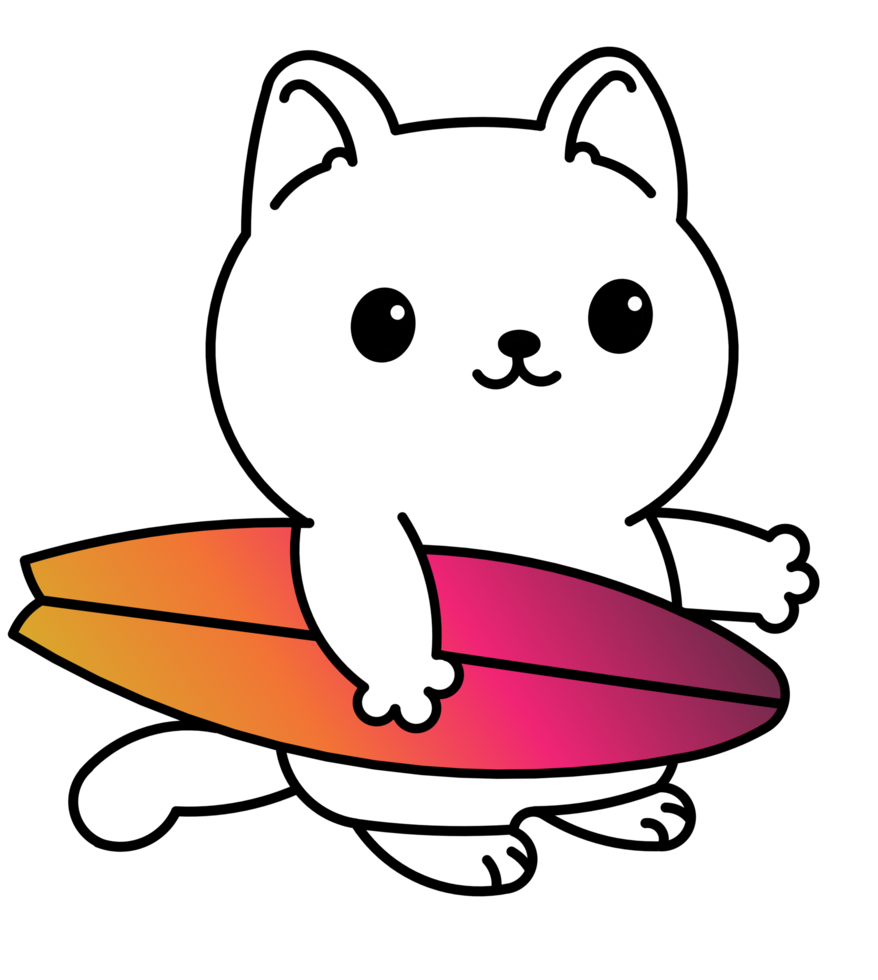 cool cute cat with surfboard cartoon illustration png
