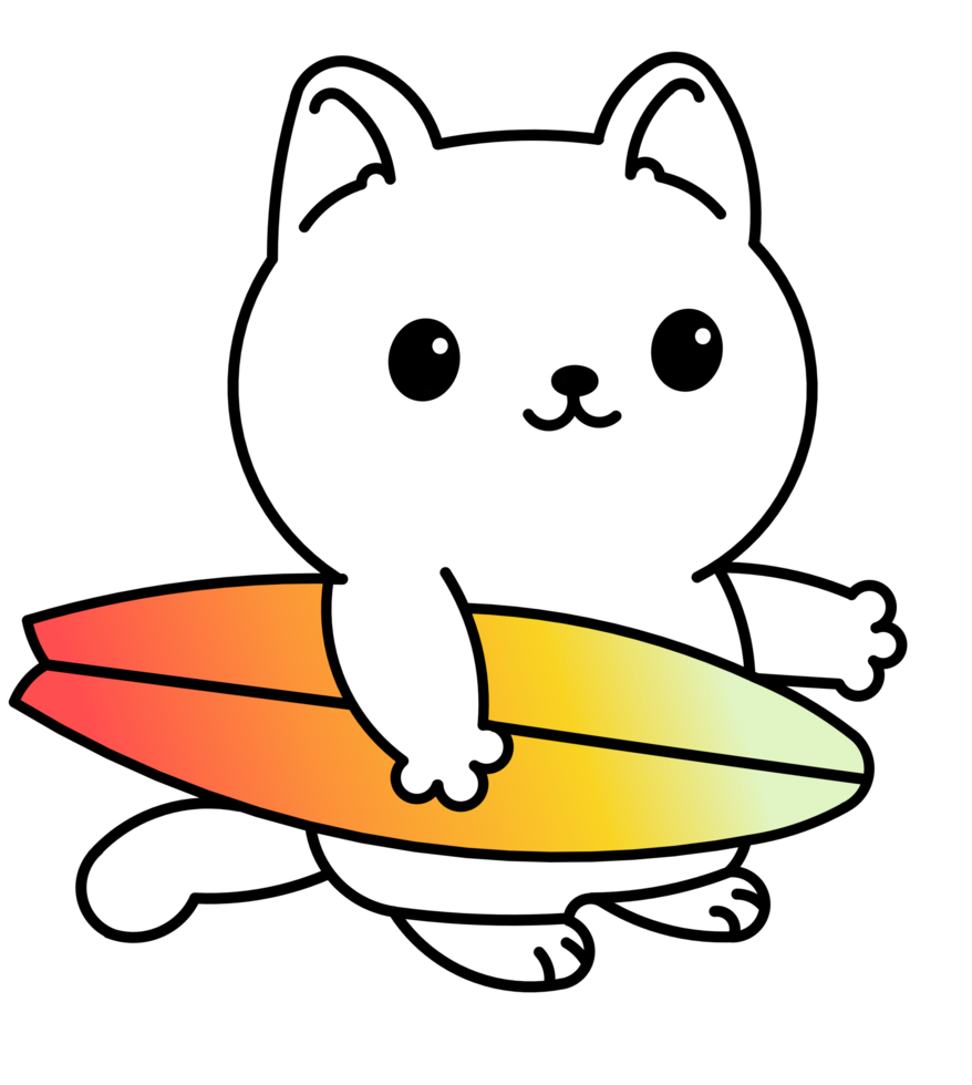 cool cute cat with surfboard cartoon illustration png
