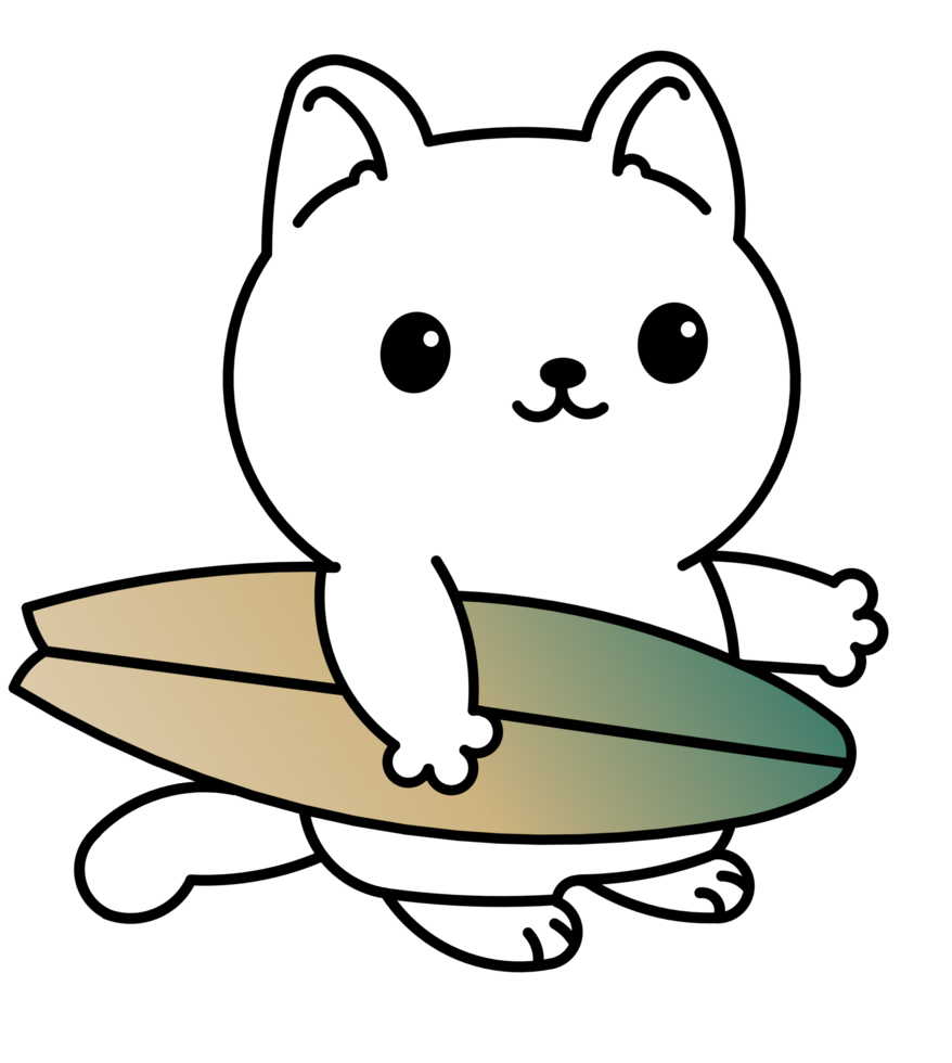 cool cute cat with surfboard cartoon illustration png