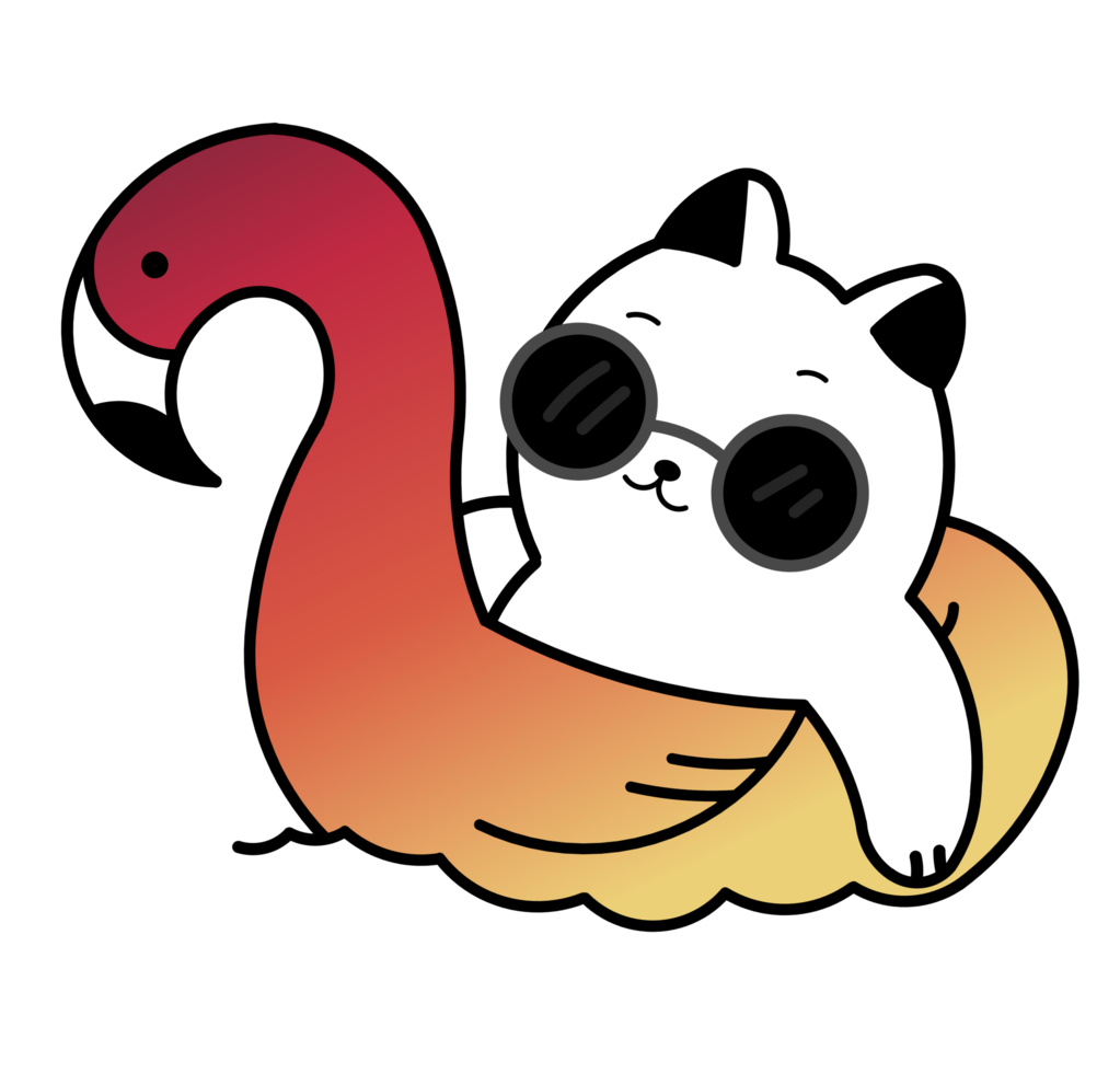 schattig kat Aan zwembad ring opblaasbaar flamingo tekenfilm illustratie png