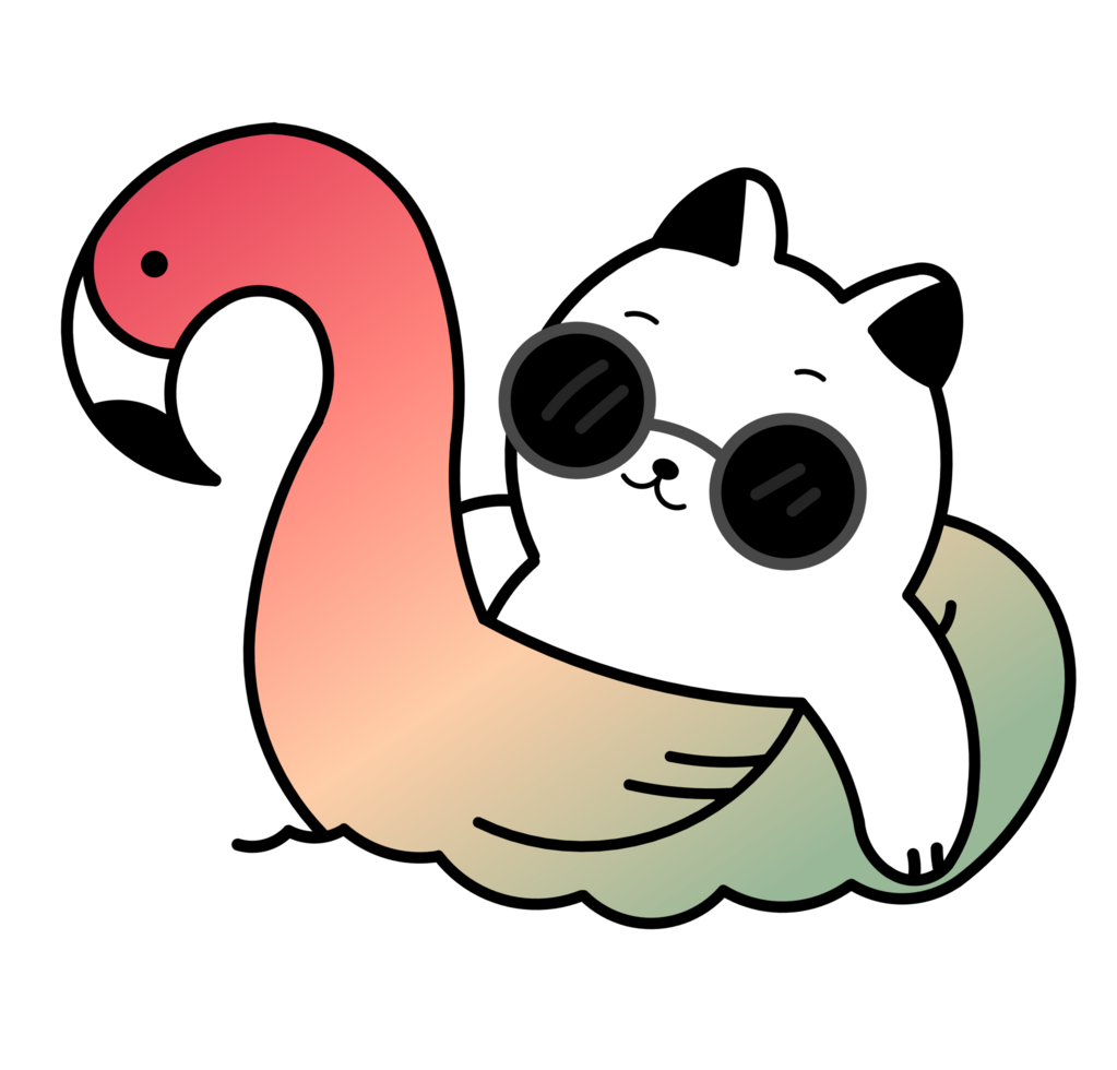 söt katt på slå samman ringa uppblåsbar flamingo tecknad serie illustration png