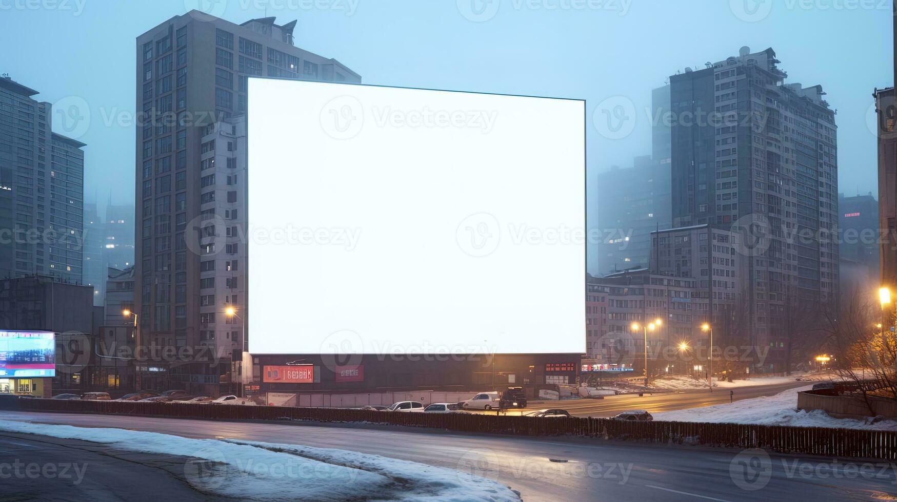 blanco blanco grande cartelera en el ciudad centrar para tu negocio, generado por ai. foto