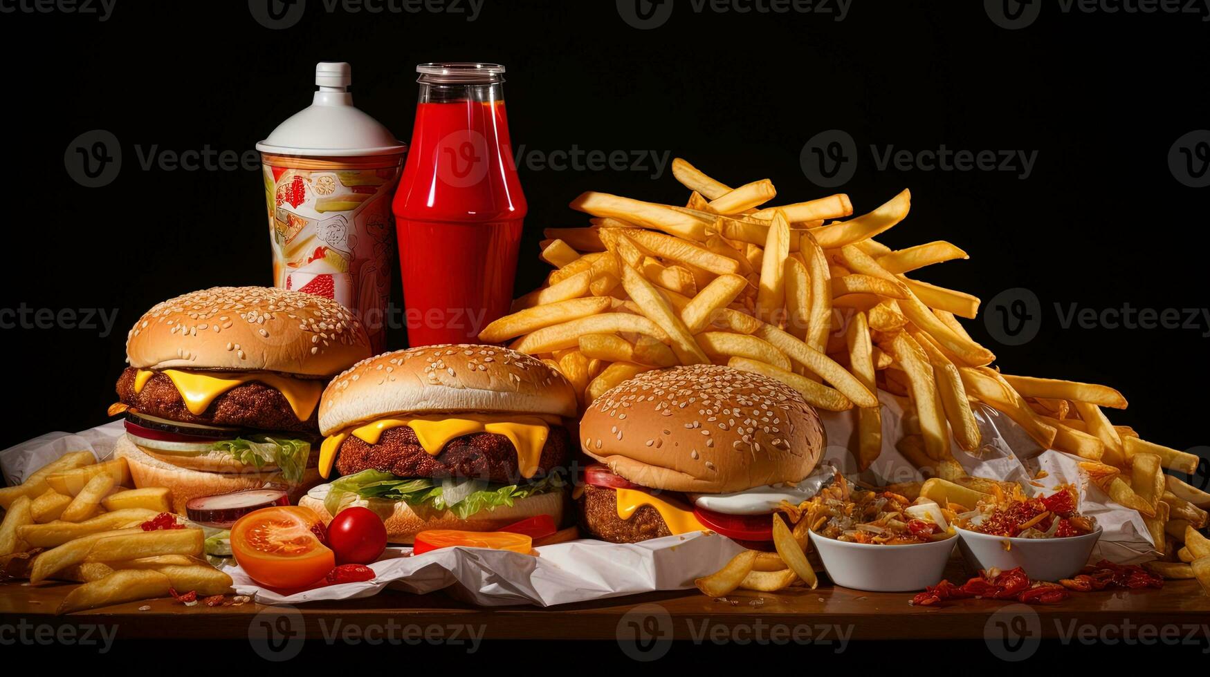 Photo of fast food on a black background, generated by AI