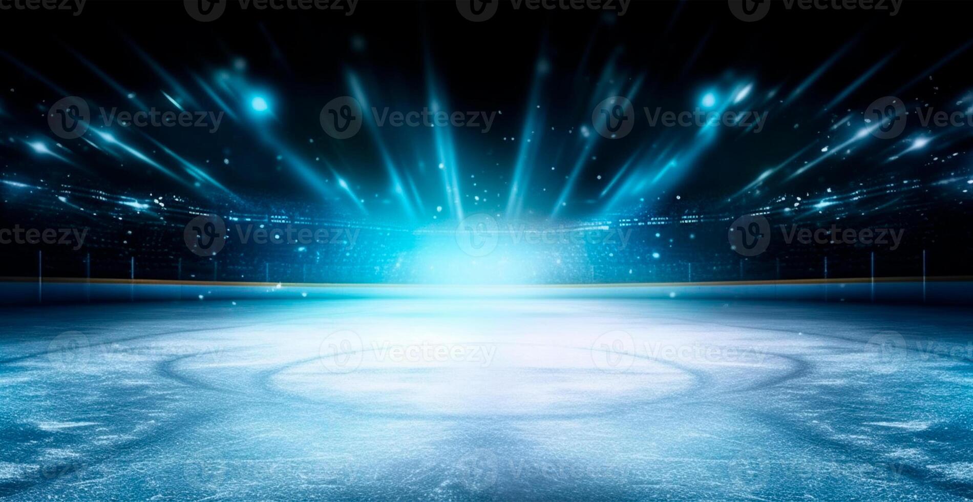 Hockey stadium, empty sports arena with ice rink, cold background with bright lighting - AI generated image photo